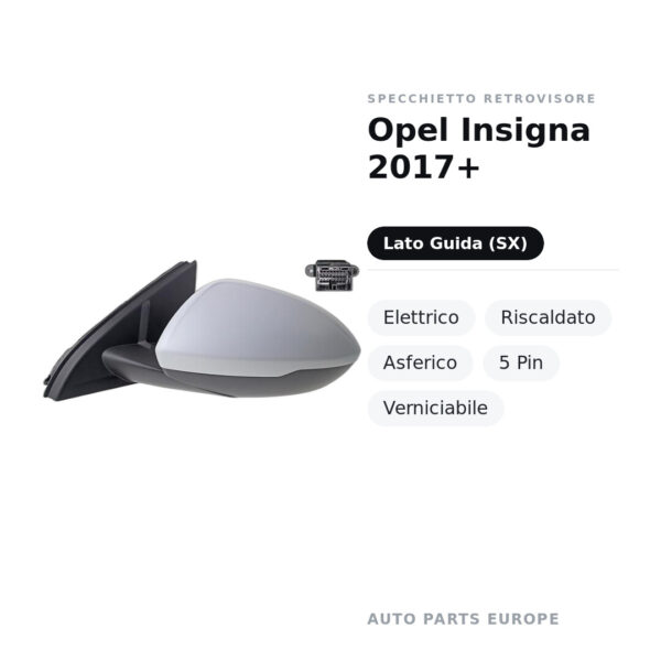 Specchietto Retrovisore Sinistro Opel Insigna 2017+ – Elettrico, Riscaldato, Asferico, 5 Pin, Verniciabile – foto 2