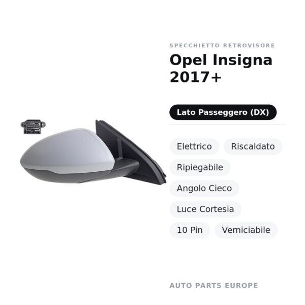 Specchietto Retrovisore Destro Opel Insigna 2017+ – Elettrico, Riscaldato, Ripiegabile, Angolo Cieco, Luce Cortesia, 10 Pin