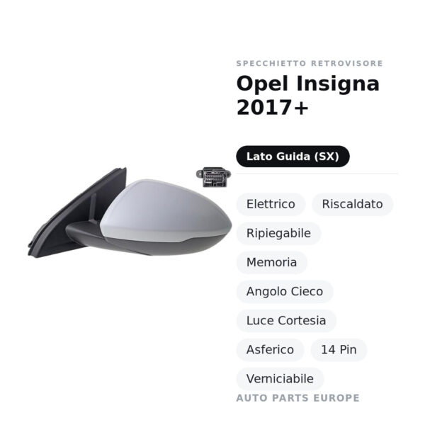 Specchietto Retrovisore Sinistro Opel Insigna 2017+ – Elettrico, Riscaldato, Ripiegabile, Memoria, Angolo Cieco, Luce
