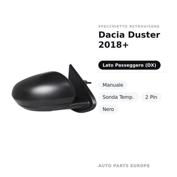 Außenspiegel Rechts Dacia Duster 2018+ – Manuell, Temperatur-Sensor, 2-polig, Schwarz – Bild 2