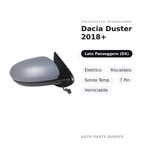 Specchietto Retrovisore Destro Dacia Duster 2018+ – Elettrico, Riscaldato, Sonda Temp., 7 Pin, Verniciabile – foto 2