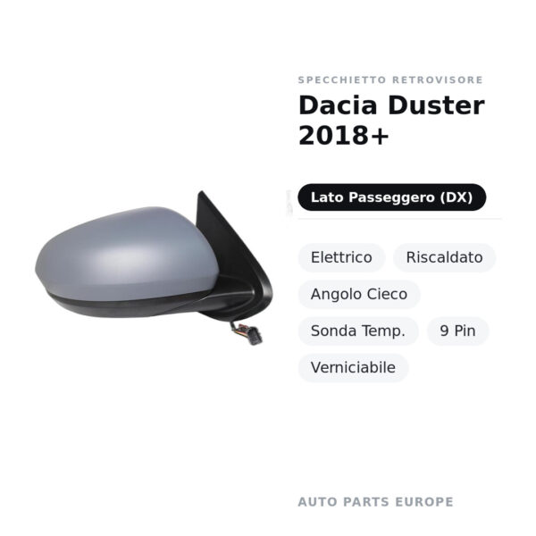 Specchietto Retrovisore Destro Dacia Duster 2018+ – Elettrico, Riscaldato, Angolo Cieco, Sonda Temp., 9 Pin, Verniciabile