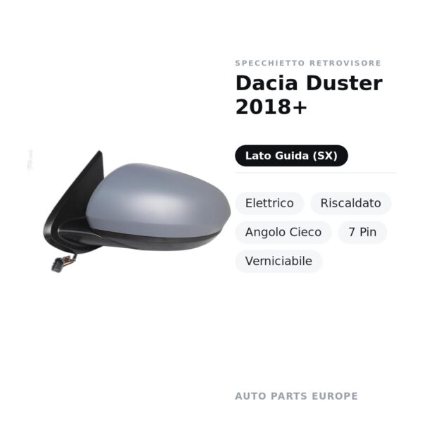 Specchietto Retrovisore Sinistro Dacia Duster 2018+ – Elettrico, Riscaldato, Angolo Cieco, 7 Pin, Verniciabile – foto 2
