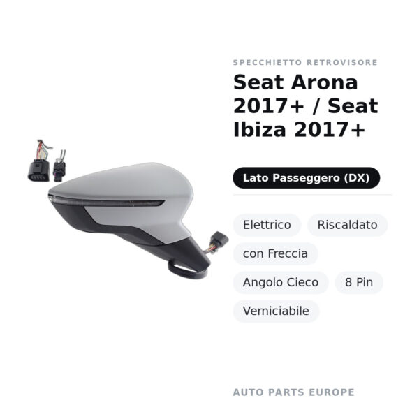 Außenspiegel Rechts Seat Arona 2017+ / Seat Ibiza 2017+ – Elektrisch, Beheizt, mit Blinker, Toter Winkel, 8 Pin, Lackierbar