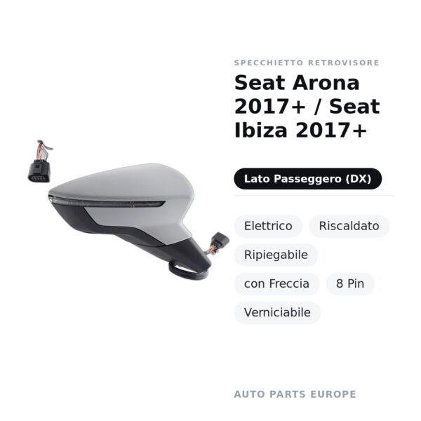 Specchietto Retrovisore Destro Seat Arona 2017+ / Seat Ibiza 2017+ – Elettrico, Riscaldato, Ripiegabile, con Freccia, 8 Pin