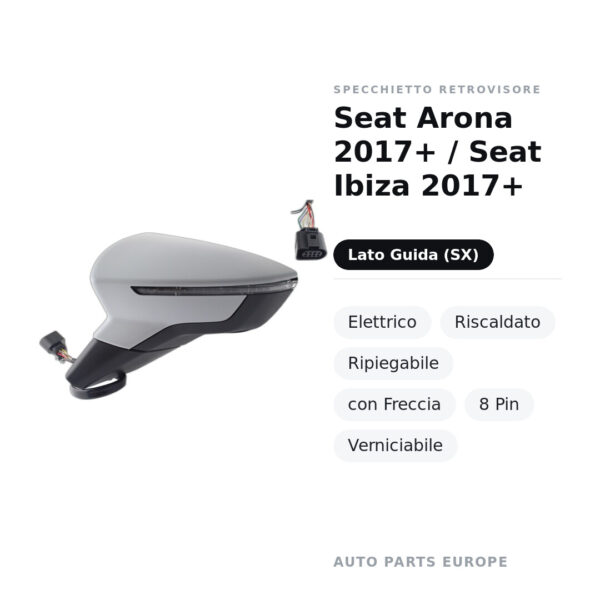 Außenspiegel Links Seat Arona 2017+ / Seat Ibiza 2017+ – Elektrisch, Beheizt, Klappbar, mit Blinker, 8-polig, Lackierbar