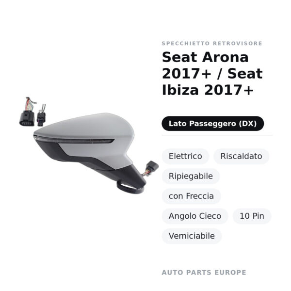 Specchietto Retrovisore Destro Seat Arona 2017+ / Seat Ibiza 2017+ – Elettrico, Riscaldato, Ripiegabile, con Freccia, Angolo