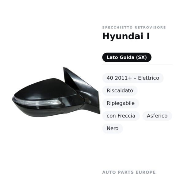Außenspiegel Links Hyundai I-40 2011+ – Elektrisch, Beheizt, Klappbar, mit Blinker, Asphärisch, Schwarz – Bild 2