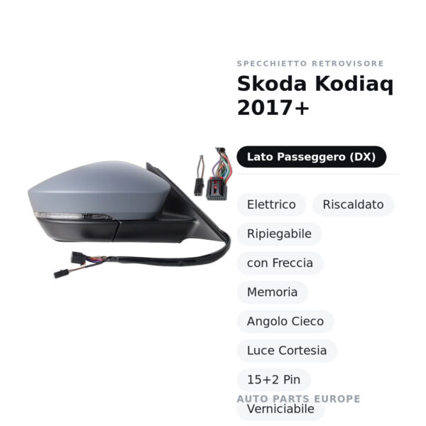 Außenspiegel Rechts Skoda Kodiaq 2017+ – Elektrisch, Beheizt, Klappbar, mit Blinker, Memory, Totwinkel, Courtesy Light, 15+2