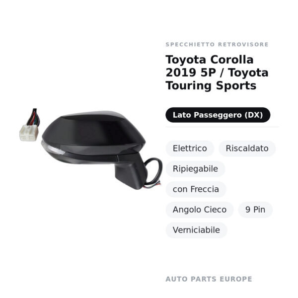 Specchietto Retrovisore Destro Toyota Corolla 2019 5P / Toyota Touring Sports – Elettrico, Riscaldato, Ripiegabile, con