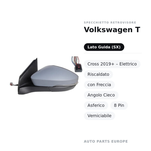 Außenspiegel Links Volkswagen T-Cross 2019+ – Elektrisch, Beheizt, mit Blinkleuchte, Toter-Winkel-Sensor, Asphärisch