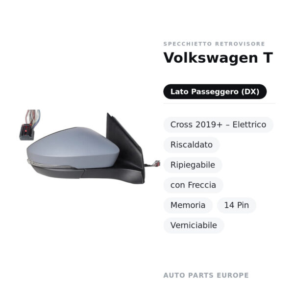 Specchietto Retrovisore Destro Volkswagen T-Cross 2019+ – Elettrico, Riscaldato, Ripiegabile, con Freccia, Memoria, 14 Pin