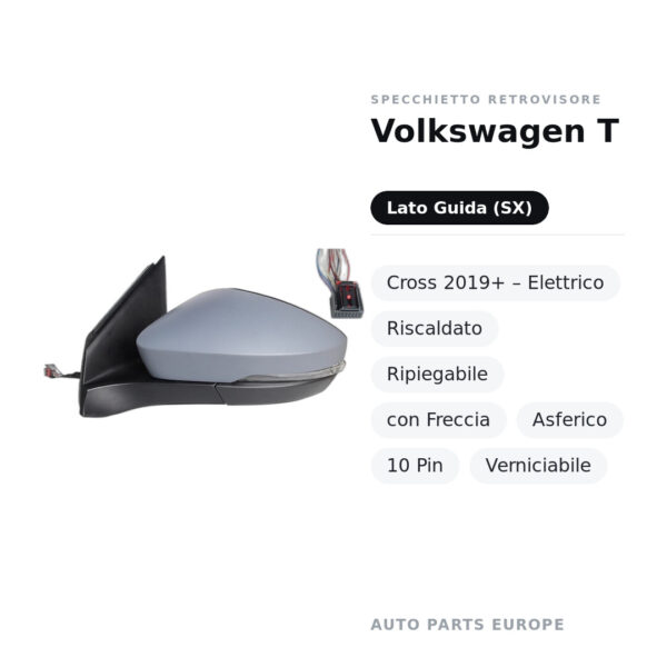 Specchietto Retrovisore Sinistro Volkswagen T-Cross 2019+ – Elettrico, Riscaldato, Ripiegabile, con Freccia, Asferico, 10