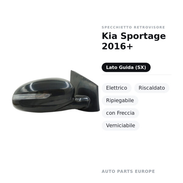 Specchietto Retrovisore Sinistro Kia Sportage 2016+ – Elettrico, Riscaldato, Ripiegabile, con Freccia, Verniciabile – foto 2