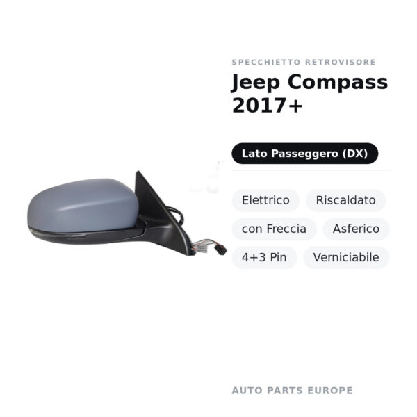 Außenspiegel Rechts Jeep Compass 2017+ – Elektrisch, Beheizt, mit Blinker, Asphärisch, 4+3 Pin, Lackierbar – Bild 2