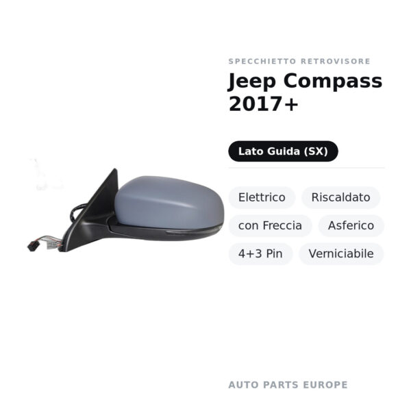 Specchietto Retrovisore Sinistro Jeep Compass 2017+ – Elettrico, Riscaldato, con Freccia, Asferico, 4+3 Pin, Verniciabile