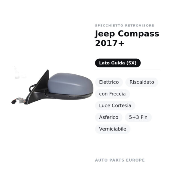 Specchietto Retrovisore Sinistro Jeep Compass 2017+ – Elettrico, Riscaldato, con Freccia, Luce Cortesia, Asferico, 5+3 Pin