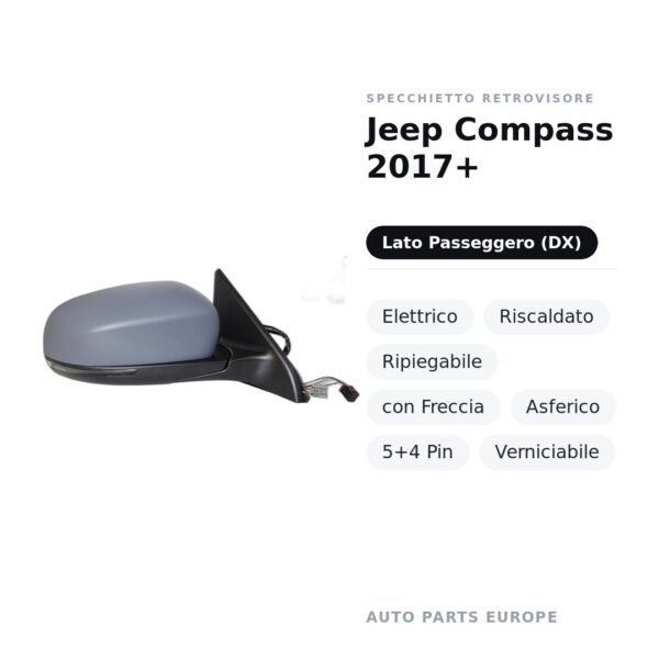 Außenspiegel Rechts Jeep Compass 2017+ – Elektrisch, Beheizt, Klappbar, mit Blinker, Asphärisch, 5+4 Pin, Lackierbar – Bild 2