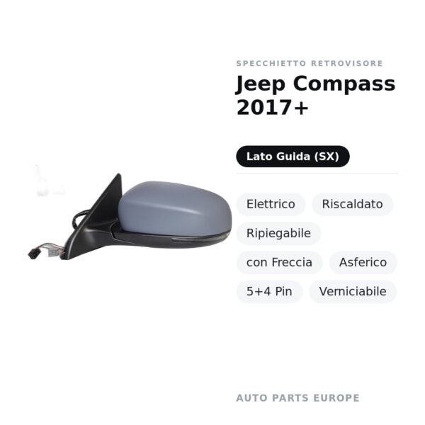 Specchietto Retrovisore Sinistro Jeep Compass 2017+ – Elettrico, Riscaldato, Ripiegabile, con Freccia, Asferico, 5+4 Pin