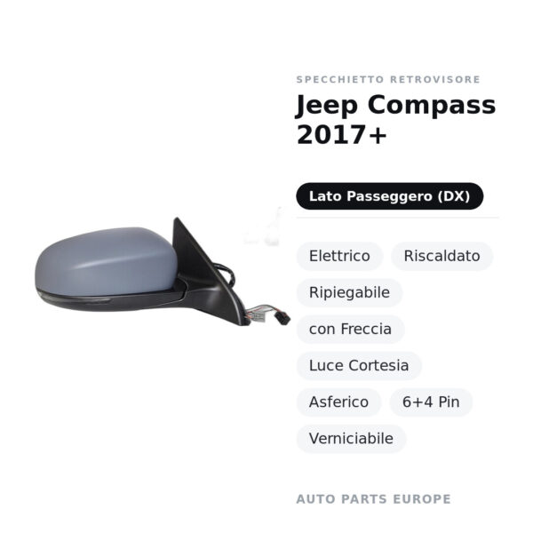 Specchietto Retrovisore Destro Jeep Compass 2017+ – Elettrico, Riscaldato, Ripiegabile, con Freccia, Luce Cortesia