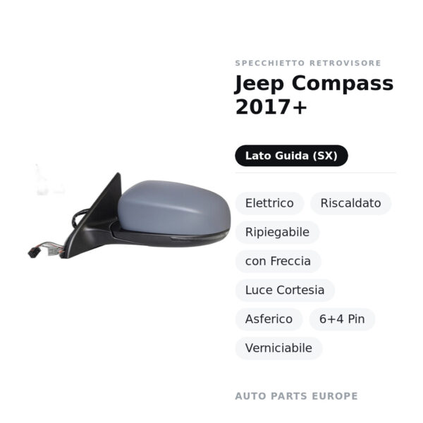 Specchietto Retrovisore Sinistro Jeep Compass 2017+ – Elettrico, Riscaldato, Ripiegabile, con Freccia, Luce Cortesia