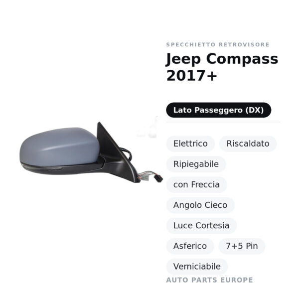 Specchietto Retrovisore Destro Jeep Compass 2017+ – Elettrico, Riscaldato, Ripiegabile, con Freccia, Angolo Cieco, Luce