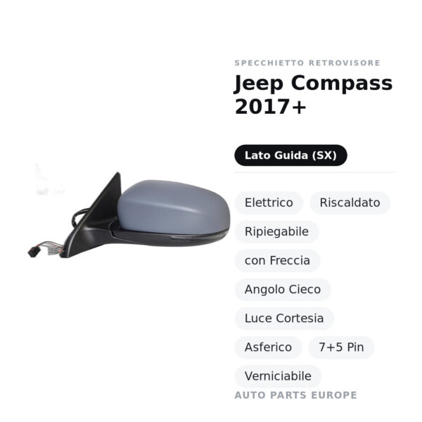 Specchietto Retrovisore Sinistro Jeep Compass 2017+ – Elettrico, Riscaldato, Ripiegabile, con Freccia, Angolo Cieco, Luce