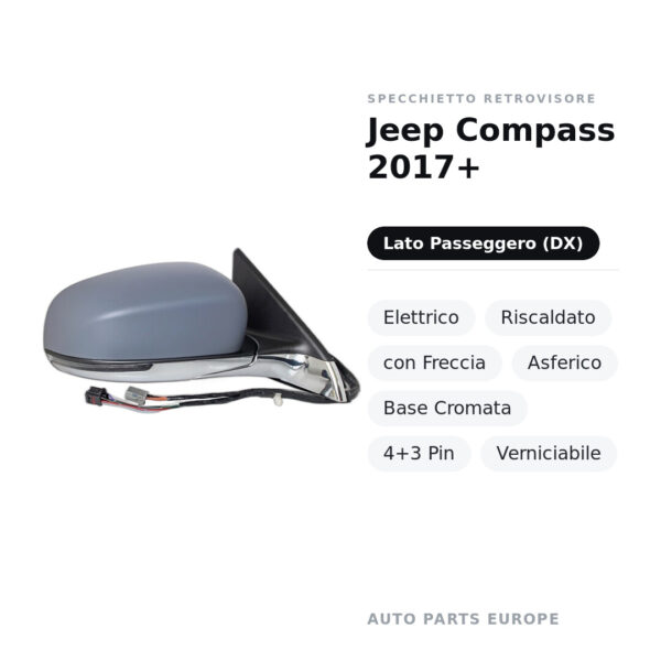 Außenspiegel Rechts Jeep Compass 2017+ – Elektrisch, Beheizt, mit Blinkleuchte, Asphärisch, Verchromte Basis, 4+3 Pin