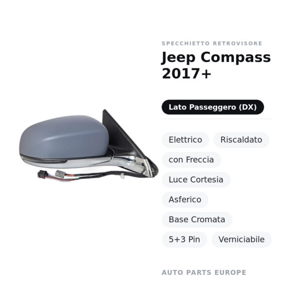 Außenspiegel Rechts Jeep Compass 2017+ – Elektrisch, Beheizt, mit Blinker, Innenleuchte, Asphärisch, Verchromte Basis, 5+3