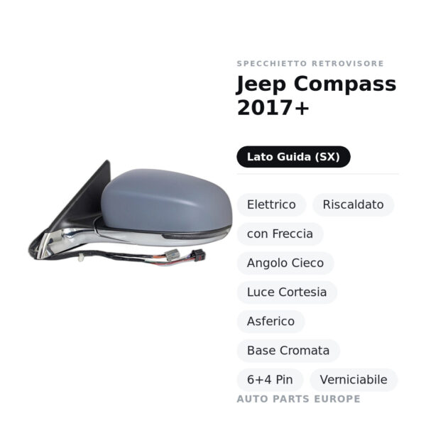 Specchietto Retrovisore Sinistro Jeep Compass 2017+ – Elettrico, Riscaldato, con Freccia, Angolo Cieco, Luce Cortesia