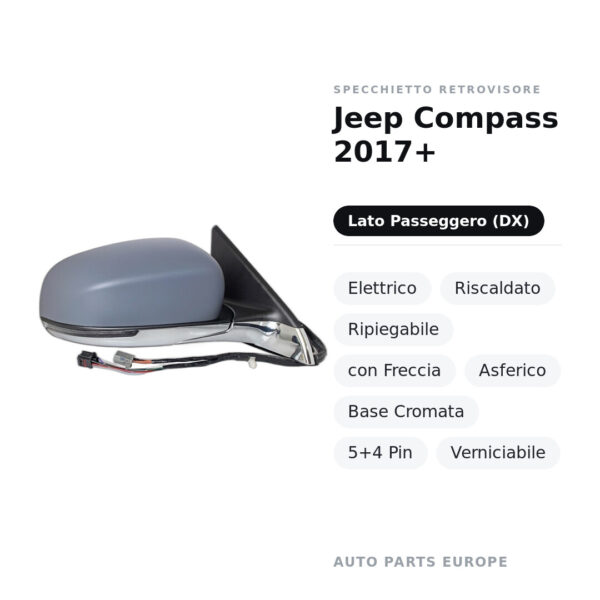 Specchietto Retrovisore Destro Jeep Compass 2017+ – Elettrico, Riscaldato, Ripiegabile, con Freccia, Asferico, Base Cromata