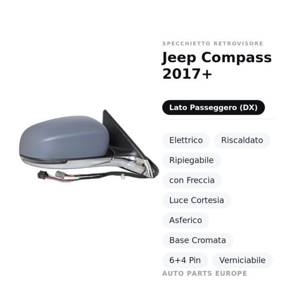 Specchietto Retrovisore Destro Jeep Compass 2017+ – Elettrico, Riscaldato, Ripiegabile, con Freccia, Luce Cortesia