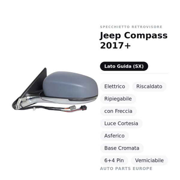 Specchietto Retrovisore Sinistro Jeep Compass 2017+ – Elettrico, Riscaldato, Ripiegabile, con Freccia, Luce Cortesia