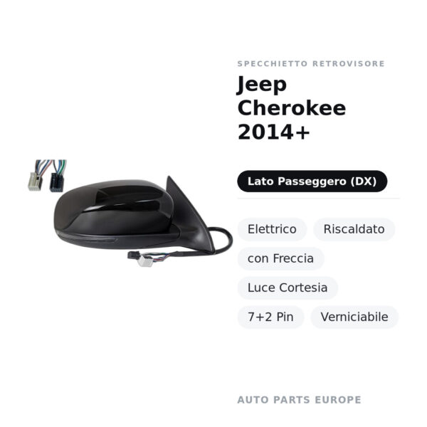 Außenspiegel Rechts Jeep Cherokee 2014+ – Elektrisch, Beheizt, mit Blinker, Komfortleuchte, 7+2 Pin, Lackierbar – Bild 2