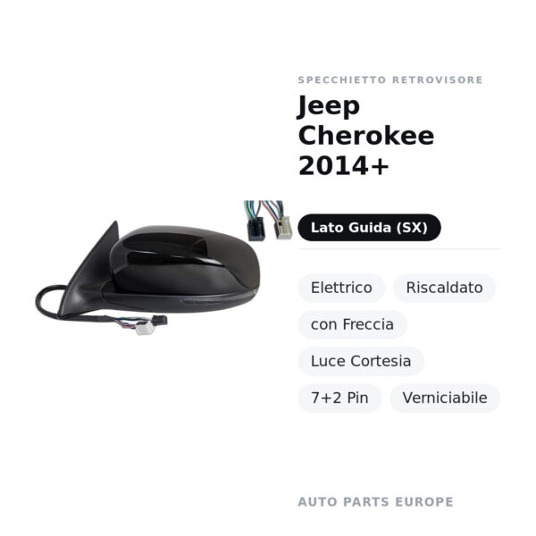 Außenspiegel Links Jeep Cherokee 2014+ – Elektrisch, Beheizt, mit Blinker, Innenleuchte, 7+2 Pin, Lackierbar – Bild 2
