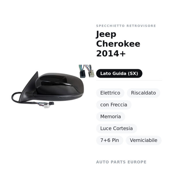 Specchietto Retrovisore Sinistro Jeep Cherokee 2014+ – Elettrico, Riscaldato, con Freccia, Memoria, Luce Cortesia, 7+6 Pin