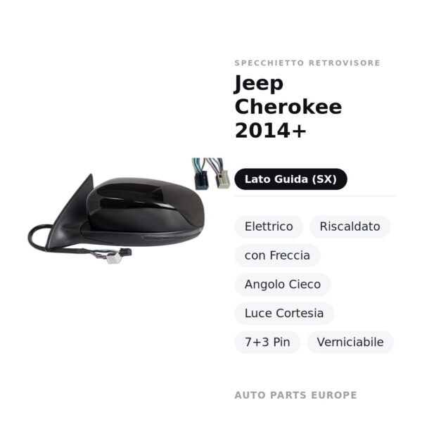 Außenspiegel Links Jeep Cherokee 2014+ – Elektrisch, Beheizt, mit Blinker, Toter Winkel, Türleuchte, 7+3 Pin, Lackierbar