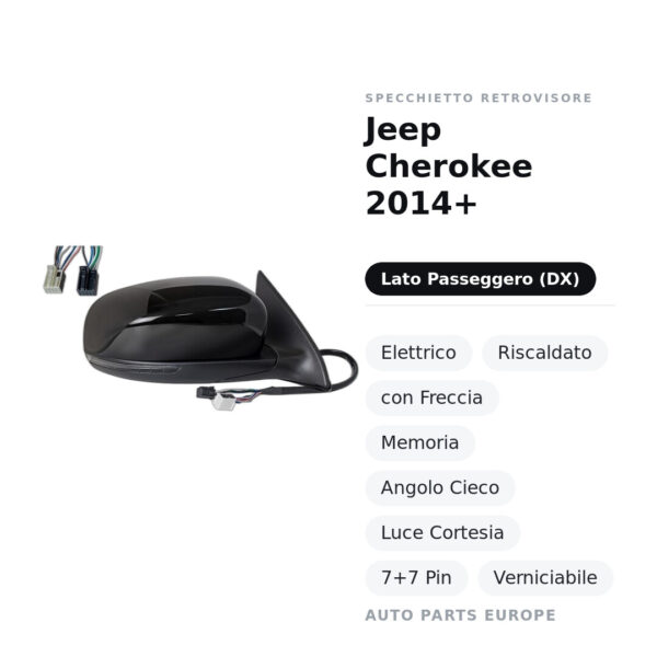 Außenspiegel Rechts Jeep Cherokee 2014+ – Elektrisch, Beheizbar, mit Blinker, Memory, Blind-Spot-Sensor, Umgebungslicht, 7+7