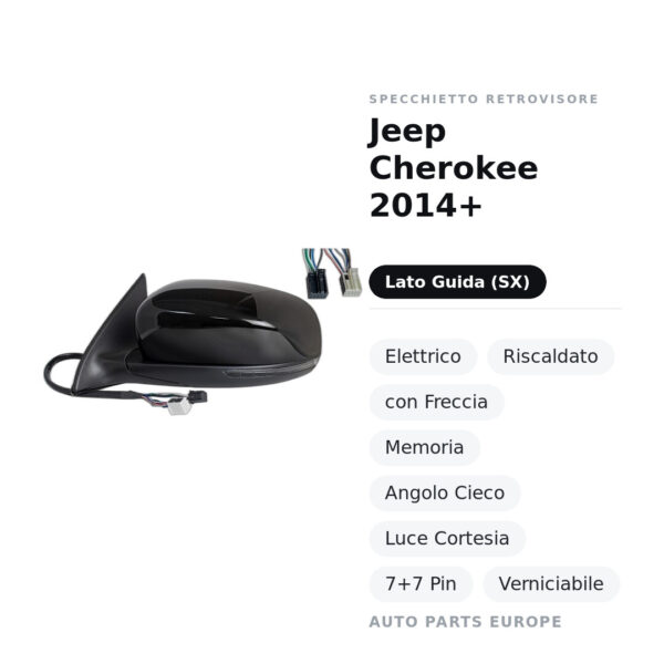 Außenspiegel Links Jeep Cherokee 2014+ – Elektrisch, Beheizt, mit Blinker, Memory, Totwinkel, Courtesy Light, 7+7 Pin