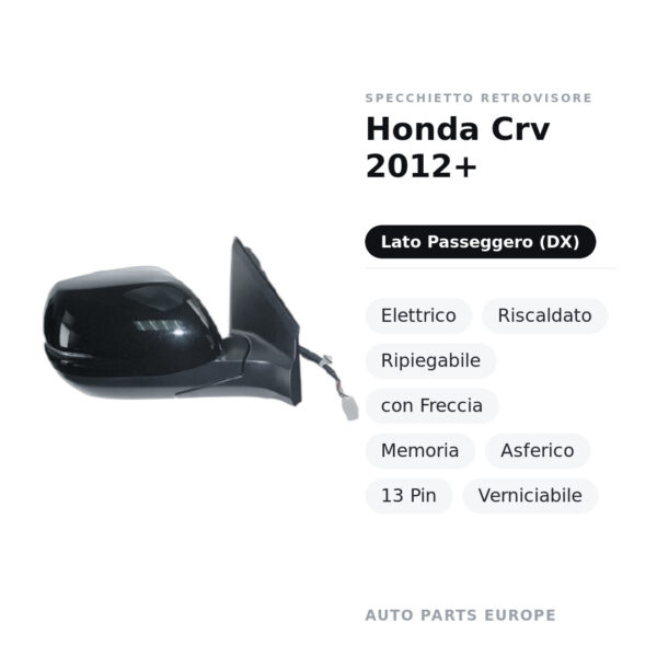 Außenspiegel Rechts Honda CRV 2012+ – Elektrisch, Beheizt, Klappbar, mit Blinker, Memory, Asphärisch, 13-polig, Lackierbar