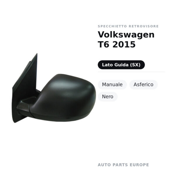 Specchietto Retrovisore Sinistro Volkswagen T6 2015 – Manuale, Asferico, Nero – foto 2
