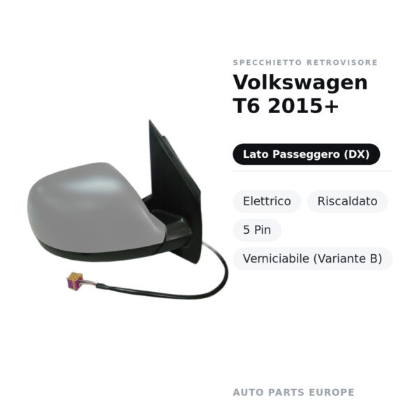 Specchietto Retrovisore Destro Volkswagen T6 2015+ – Elettrico, Riscaldato, 5 Pin, Verniciabile (Variante B) – foto 2