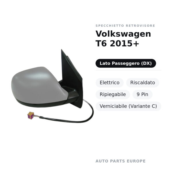 Specchietto Retrovisore Destro Volkswagen T6 2015+ – Elettrico, Riscaldato, Ripiegabile, 9 Pin, Verniciabile (Variante C)
