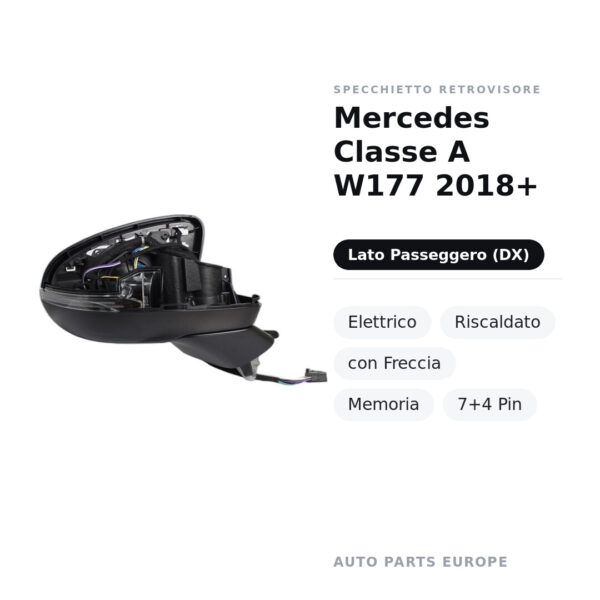 Specchietto Retrovisore Destro Mercedes Classe A W177 2018+ – Elettrico, Riscaldato, con Freccia, Memoria, 7+4 Pin – foto 2
