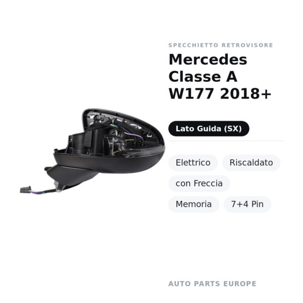 Specchietto Retrovisore Sinistro Mercedes Classe A W177 2018+ – Elettrico, Riscaldato, con Freccia, Memoria, 7+4 Pin – foto 2