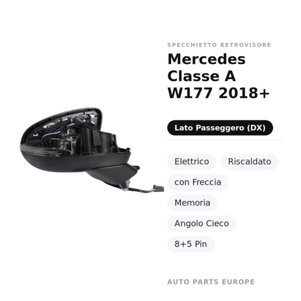 Außenspiegel Rechts Mercedes Klasse A W177 2018+ – Elektrisch, Beheizt, mit Blinker, Memory, Toter Winkel, 8+5 Pin – Bild 2