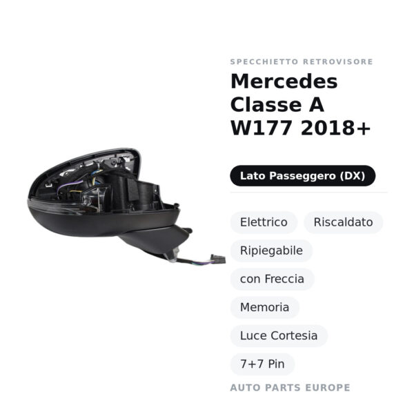 Außenspiegel Rechts Mercedes Klasse A W177 2018+ – Elektrisch, Beheizt, Klappbar, mit Blinker, Speicher, Innenleuchte, 7+7