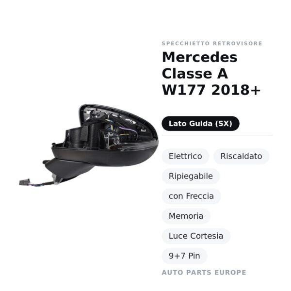 Außenspiegel Links Mercedes Klasse A W177 2018+ – Elektrisch, Beheizt, Klappbar, mit Blinker, Memory, Innenleuchte, 9+7 Pin