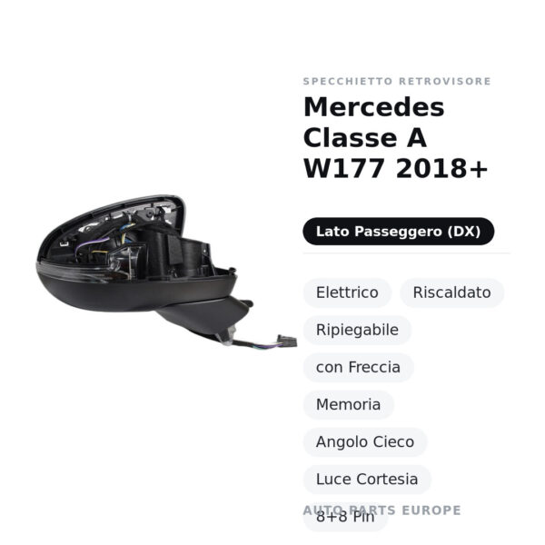 Außenspiegel Rechts Mercedes Klasse A W177 2018+ – Elektrisch, Beheizt, Klappbar, mit Blinkleuchte, Memory, Totwinkelwarner