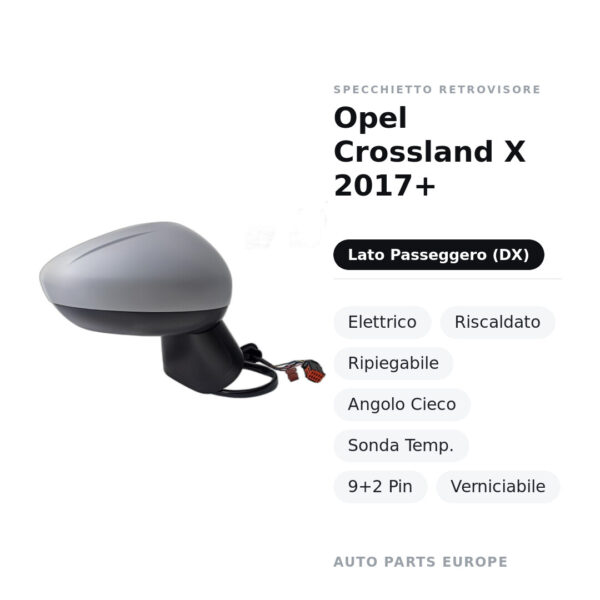 Specchietto Retrovisore Destro Opel Crossland X 2017+ – Elettrico, Riscaldato, Ripiegabile, Angolo Cieco, Sonda Temp., 9+2